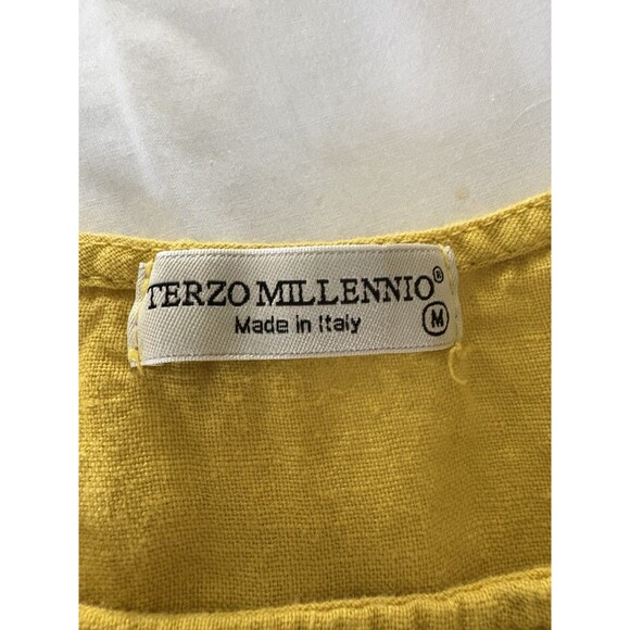 Terzo Millennio Italy Linen Tunic Size Medium Yellow Button Back Lagenlook Hi Lo - Picture 8 of 11